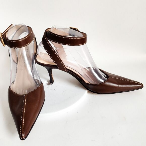 Y2K 90s Anne Klein Heels Size 9 Brown Leather Pointy Toe Ankle Strap 3" Stiletto - Picture 2 of 12